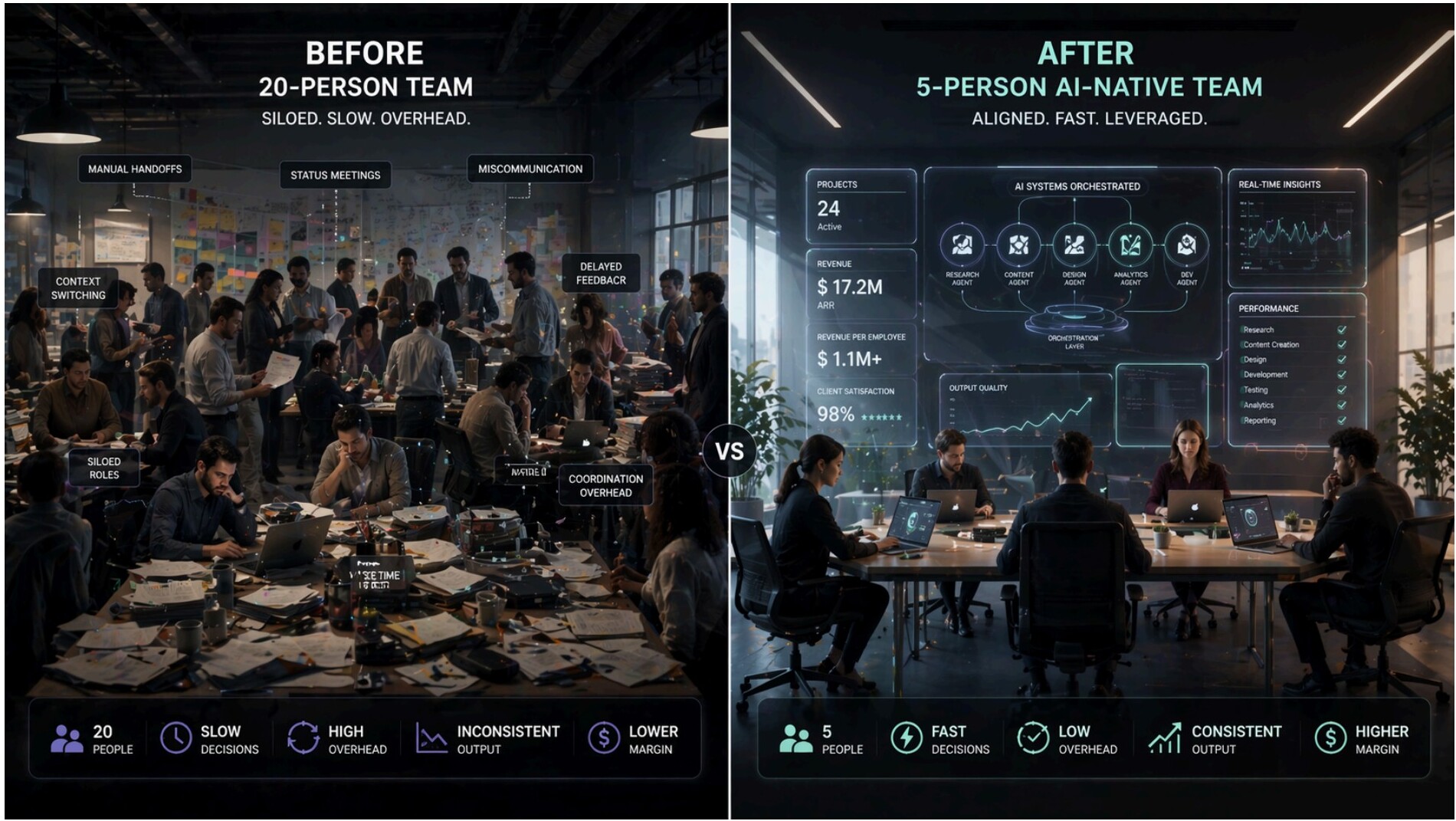 Comparison of a 20-person team vs. a 5-person AI-native team