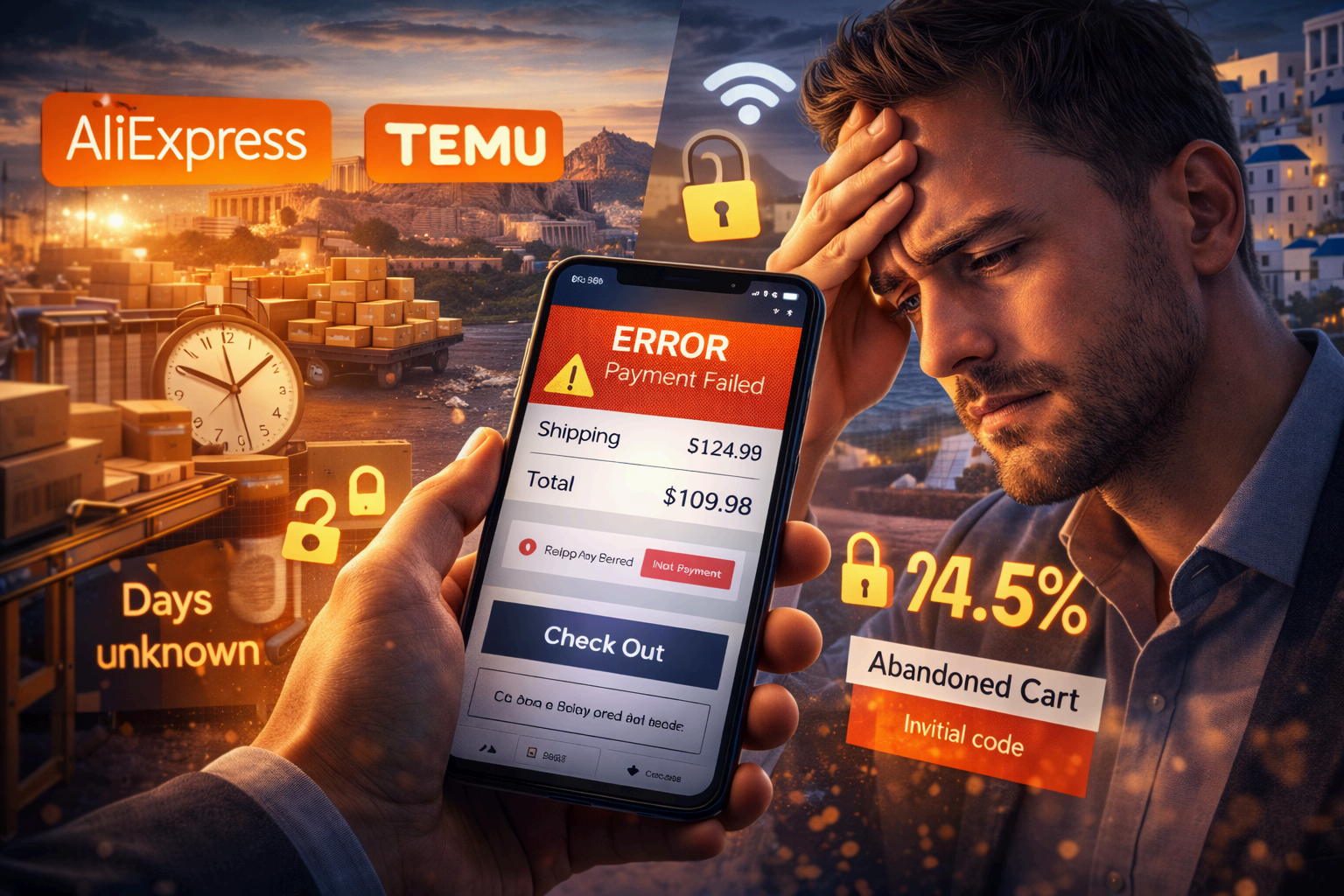 Greek e-commerce cart abandonment infographic showing AliExpress and Temu competition, payment failures, and abandoned cart rates